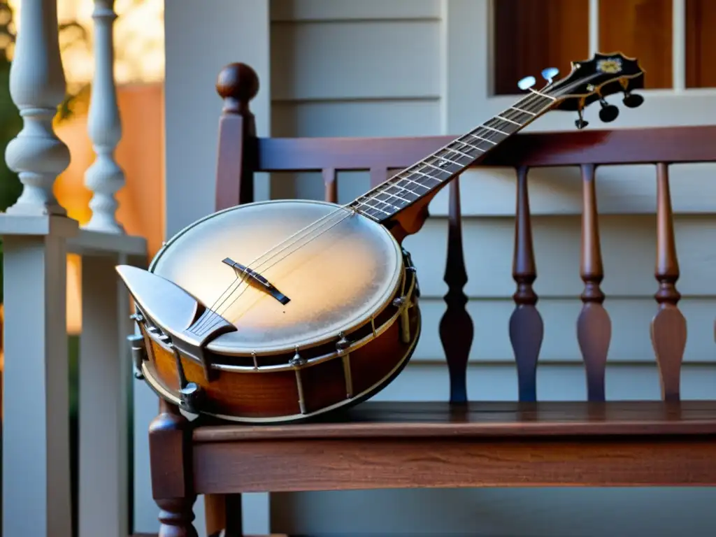 Un banjo antiguo descansa en una silla de madera en un porche al atardecer, con la luz cálida resaltando sus detalles