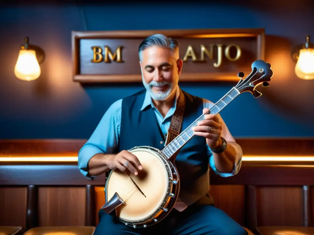 Un banjo artesanal en un bar de blues, con historia y resonancia del banjo en el blues