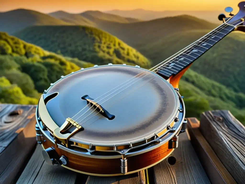 Un banjo artesanal desgastado descansa ante las colinas de los Apalaches al atardecer, resaltando los orígenes y evolución del banjo en el bluegrass