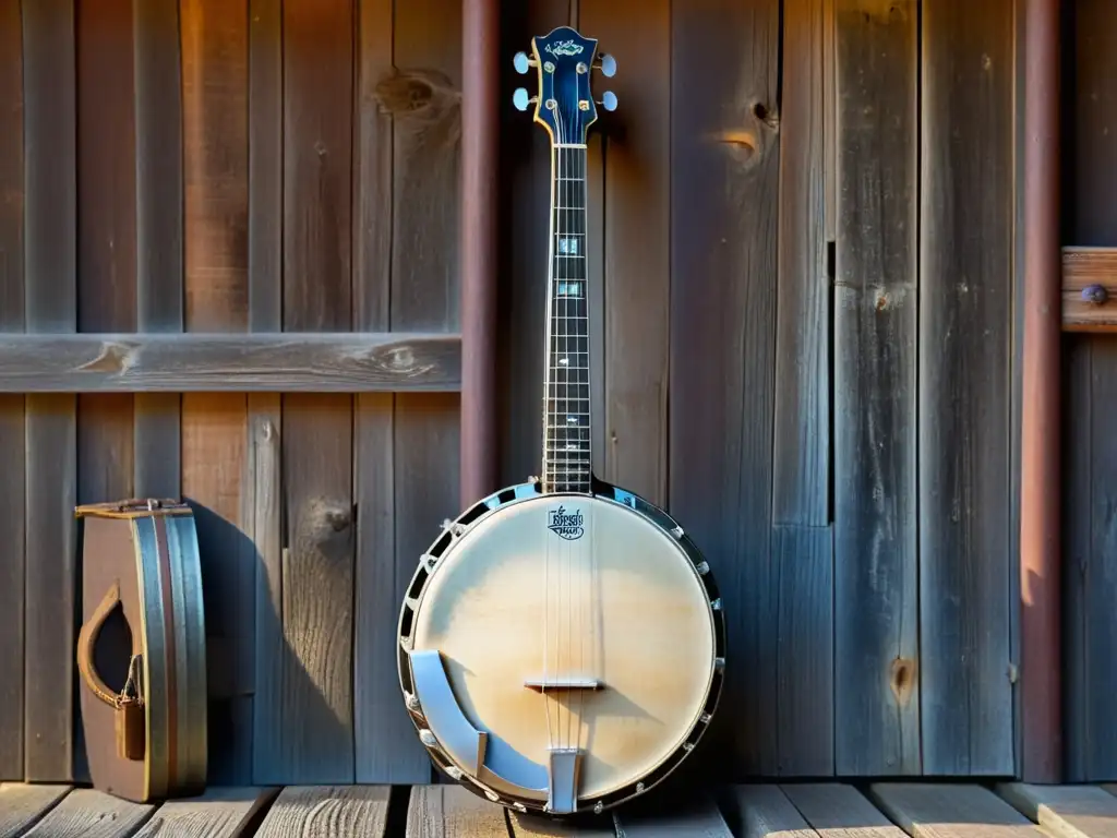 Un banjo artesanal desgastado con tallados detallados, iluminado por la suave luz natural