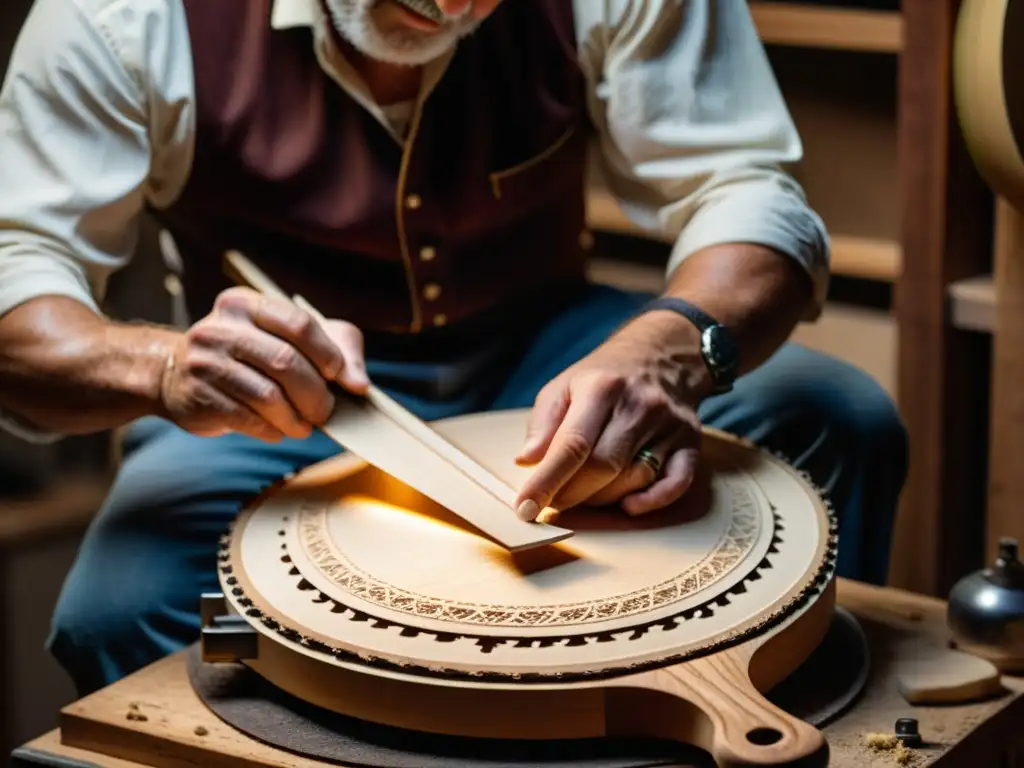 Un luthier construye detalladamente un banjo en su taller, destacando la artesanía y dedicación en la creación de este icónico instrumento