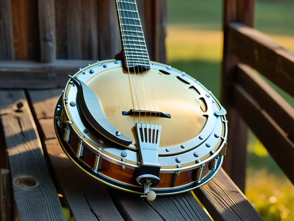 Un banjo vintage descansa sobre madera envejecida, iluminado por luz dorada