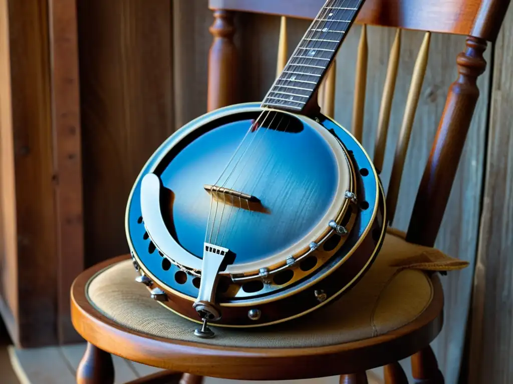 Un banjo vintage descansa sobre una silla de madera antigua, bañado por la cálida luz natural