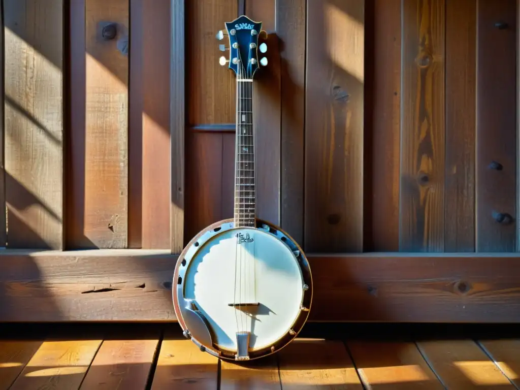 Un banjo vintage descansa sobre suelo de madera gastada, iluminado por luz natural