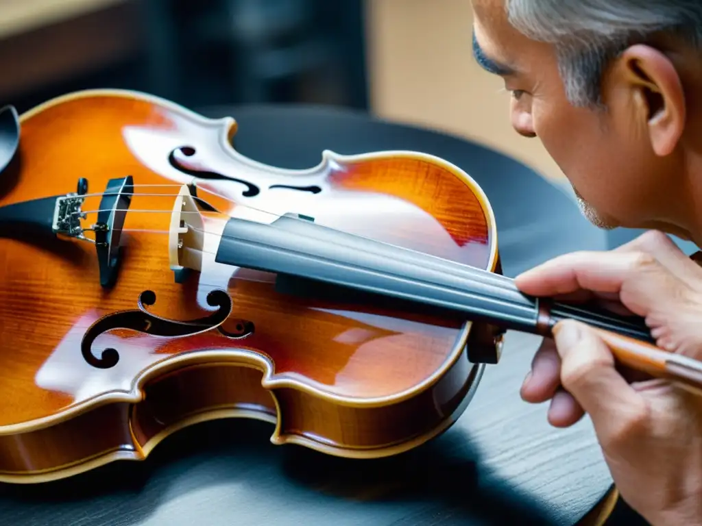 Un luthier aplica con precisión el barniz a un violín artesanal, resaltando la belleza y el efecto del barniz en violín