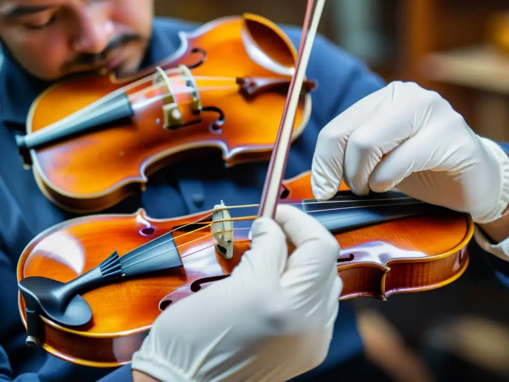 Un luthier aplica delicadamente barniz a un violín nuevo, destacando las técnicas de barnizado en violines con precisión y destreza artesanal