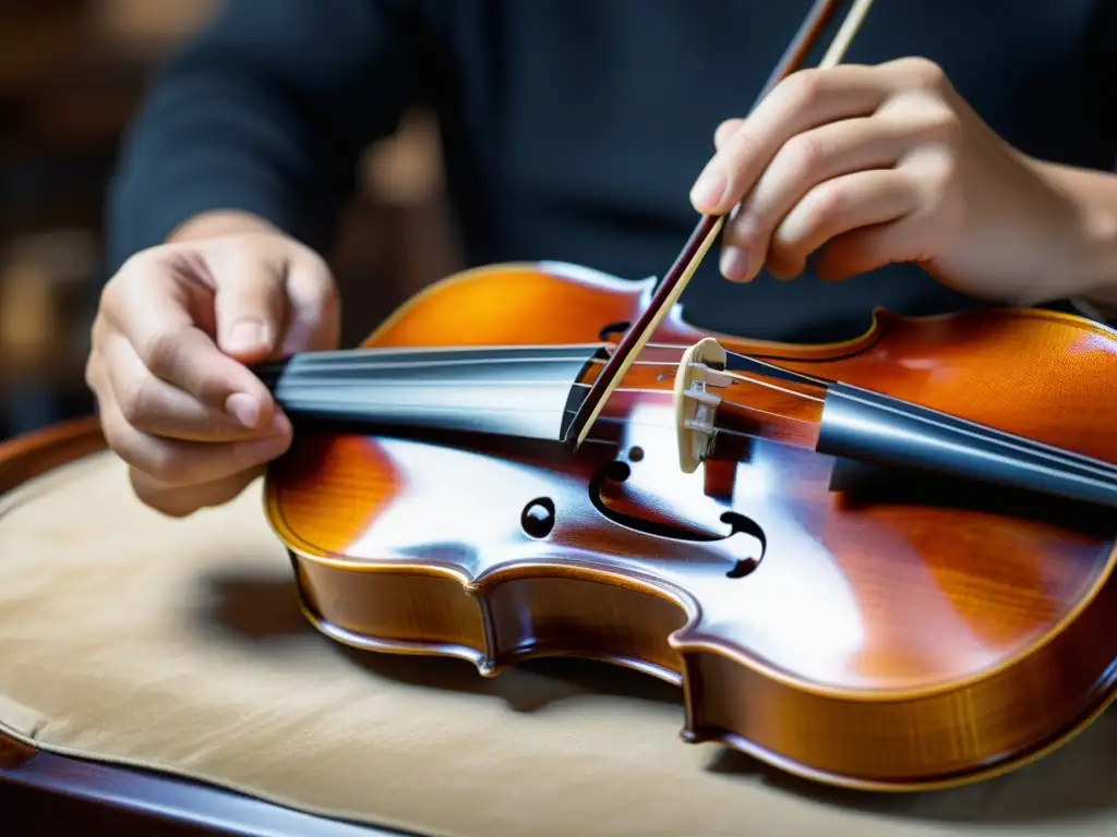 Un luthier aplica cuidadosamente barniz a un violín, mostrando técnicas de barnizado en violines con destreza y precisión artesanal