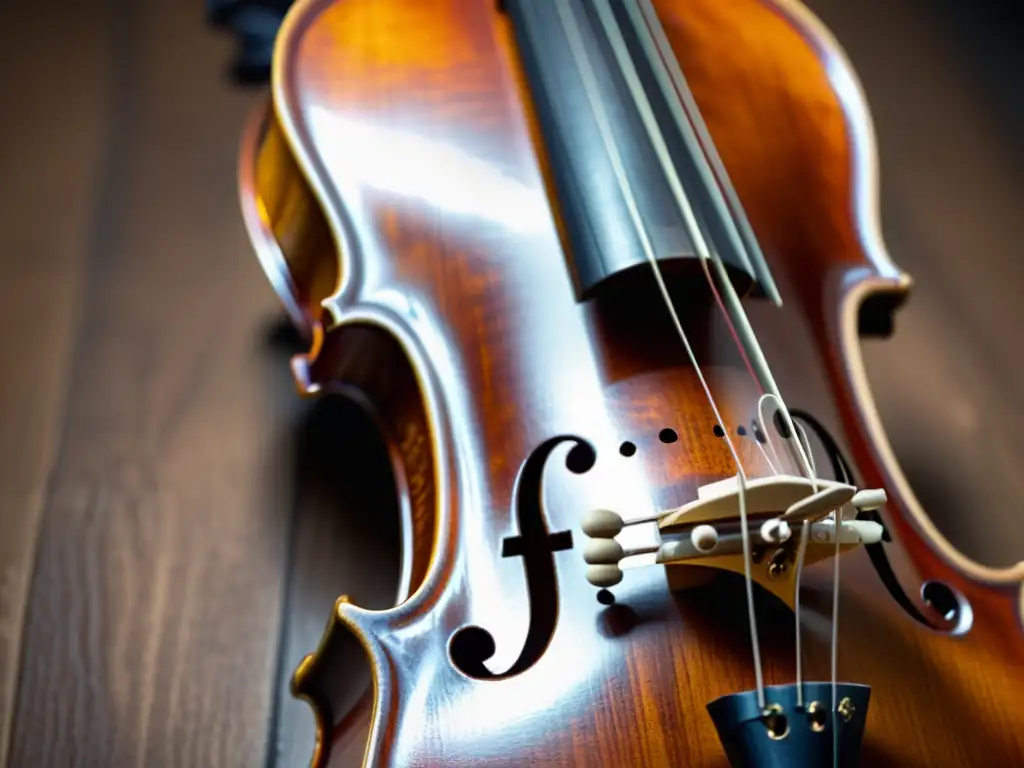 Violín barroco con detallada ornamentación, madera veteada y cuerdas delicadas