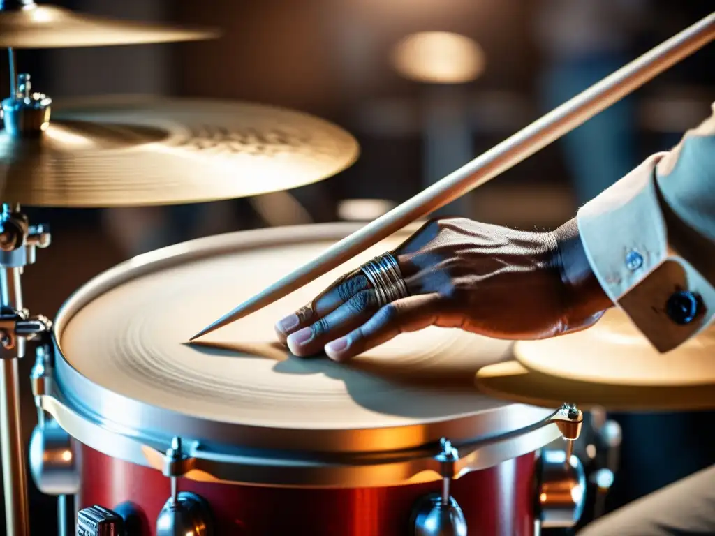 Un baterista experto en plena actuación, capturando la relevancia cultural de la batería con intensidad y pasión en un set vintage