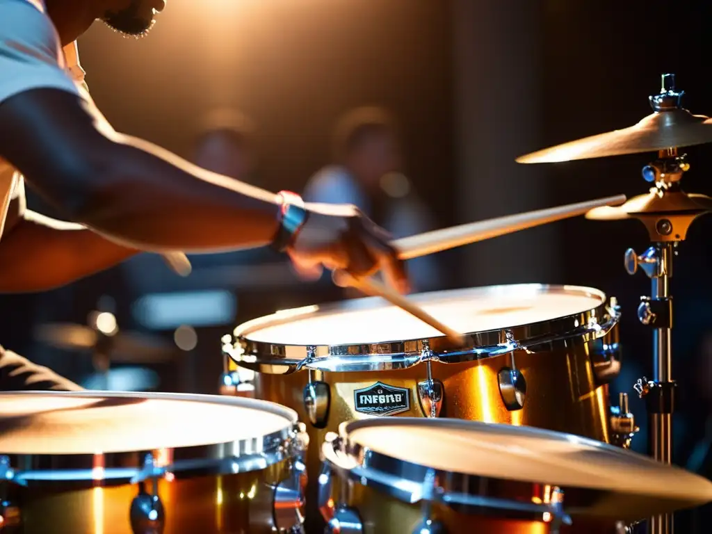 Un baterista con una improvisación impactante, sus manos borrosas golpean la batería con ferocidad bajo las luces del escenario