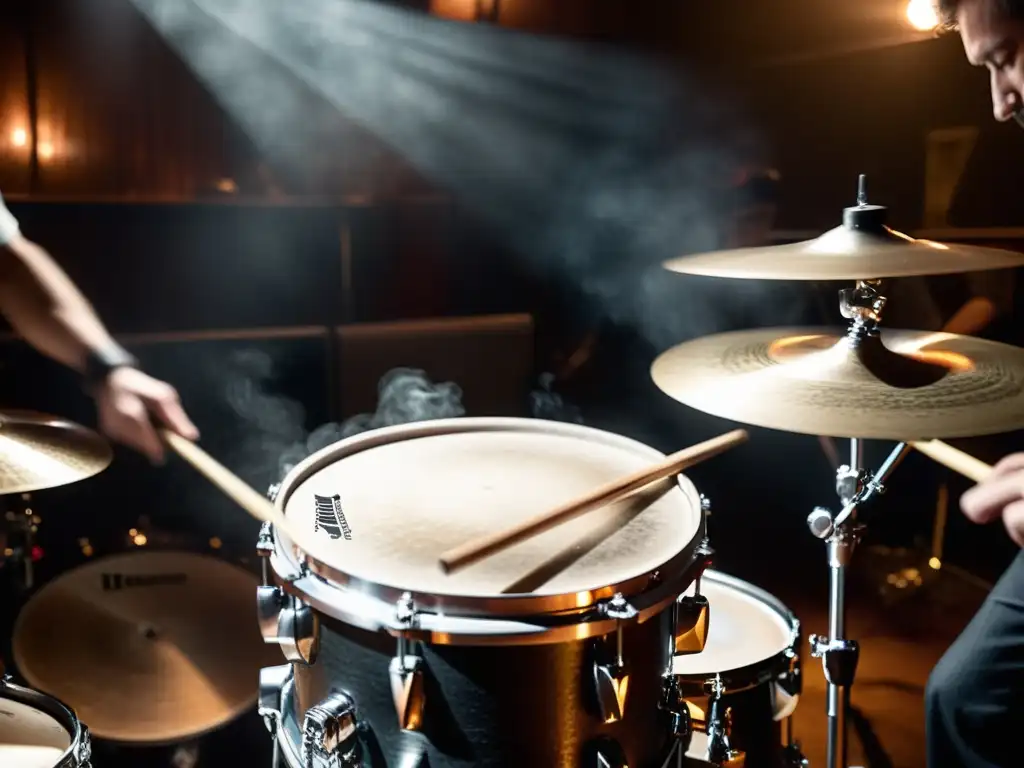 Un baterista de jazz toca una antigua batería en un club nocturno, capturando la historia y la autenticidad de la escena