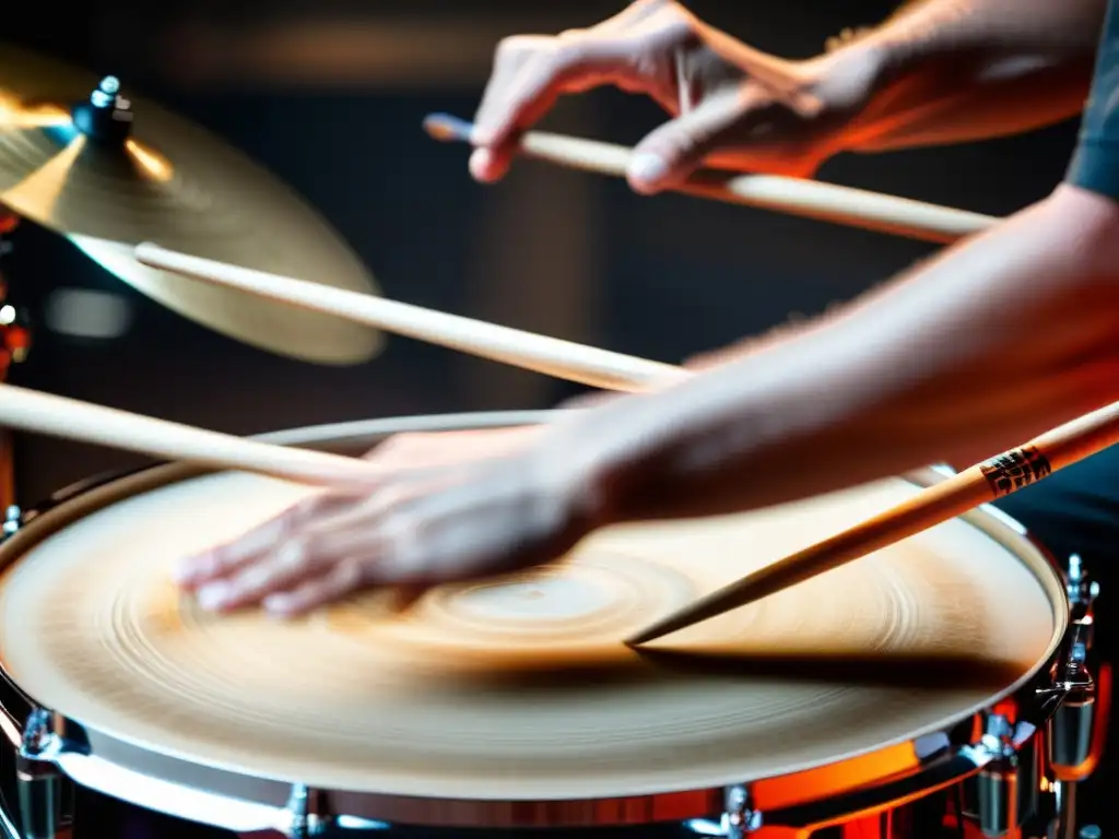 Un baterista en plena acción, con las manos sudorosas y los palillos borrosos por el movimiento