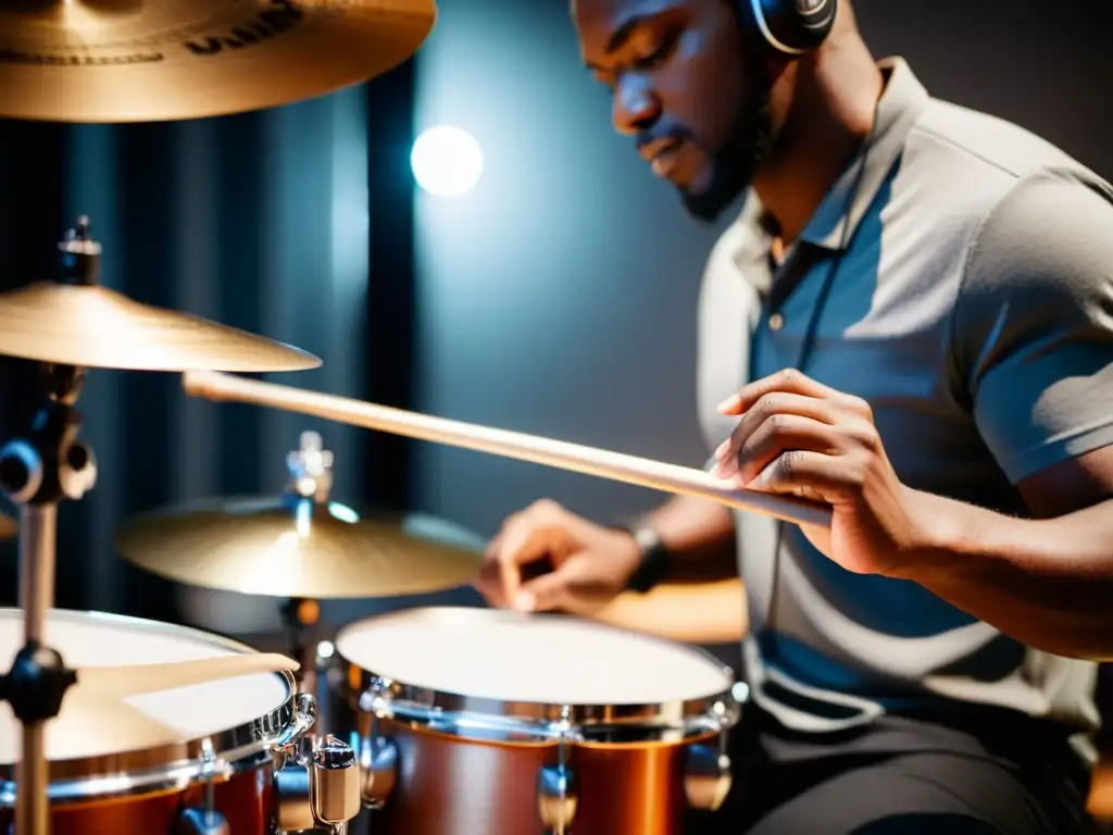 Un baterista profesional, con auriculares, practica intensamente en un estudio bien iluminado