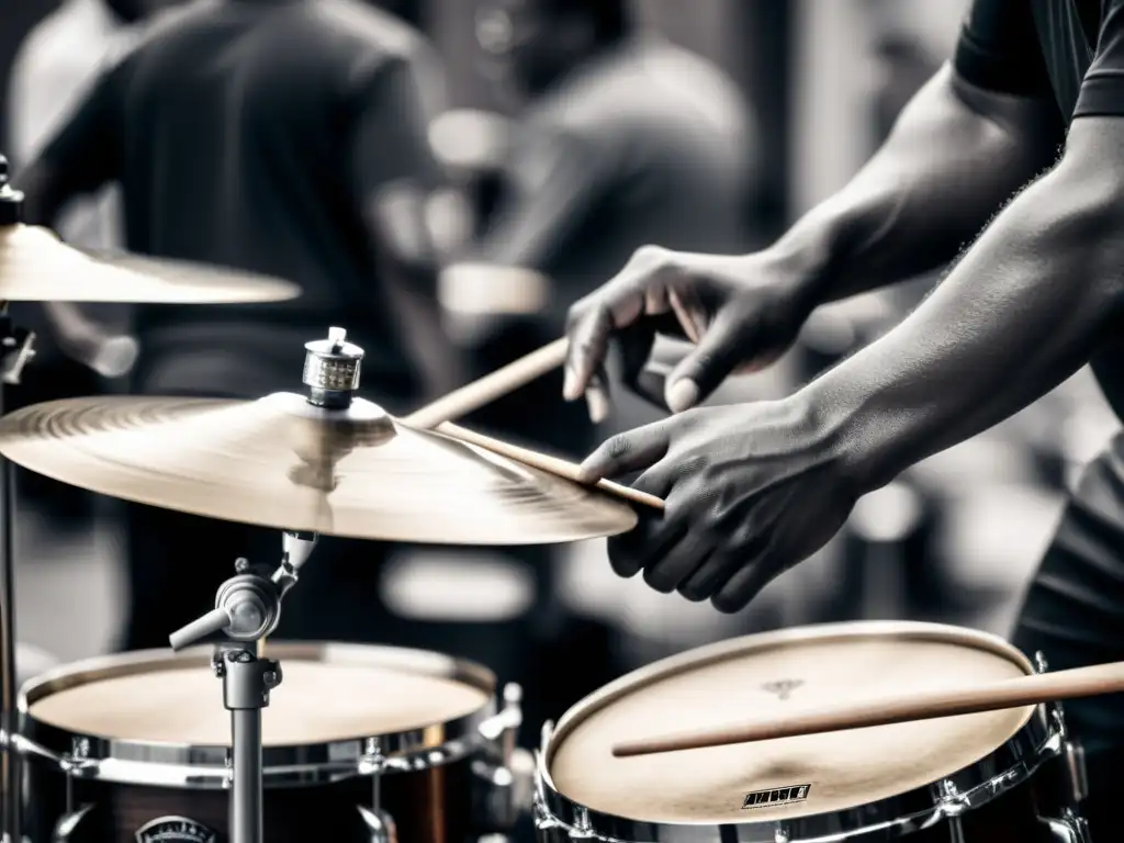 Un baterista urbano apasionado golpea con intensidad los platillos en blanco y negro, reflejando la energía y emoción de la actuación