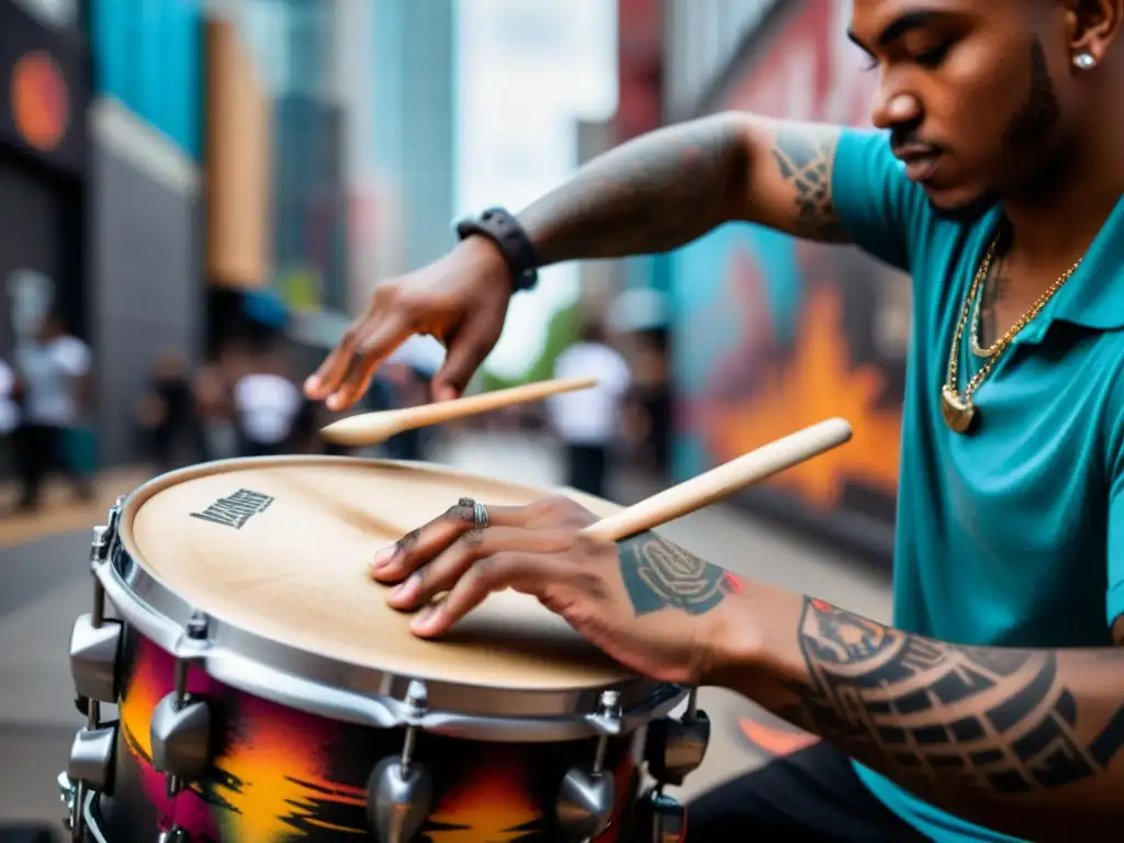 Un baterista urbano ejecuta un ritmo apasionado con sus manos tatuadas, entre vibrante arte callejero