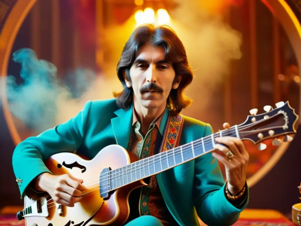 George Harrison de The Beatles tocando el sitar en una atmósfera psicodélica, mostrando la influencia del sitar en el rock