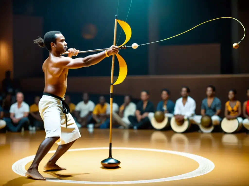 Un berimbau tradicional se toca en una roda de capoeira, capturando la energía y la importancia cultural del arte marcial