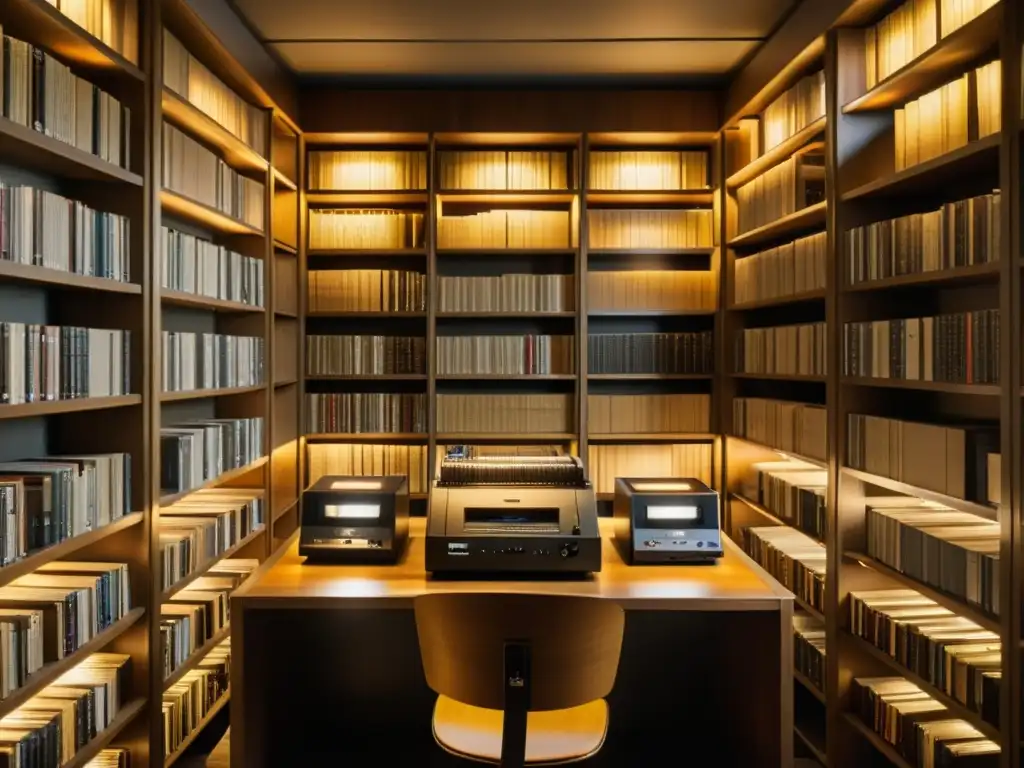 Una biblioteca de sonido iluminada con cálidas lámparas, resalta la importancia de bibliotecas de sonido al preservar la herencia auditiva del mundo