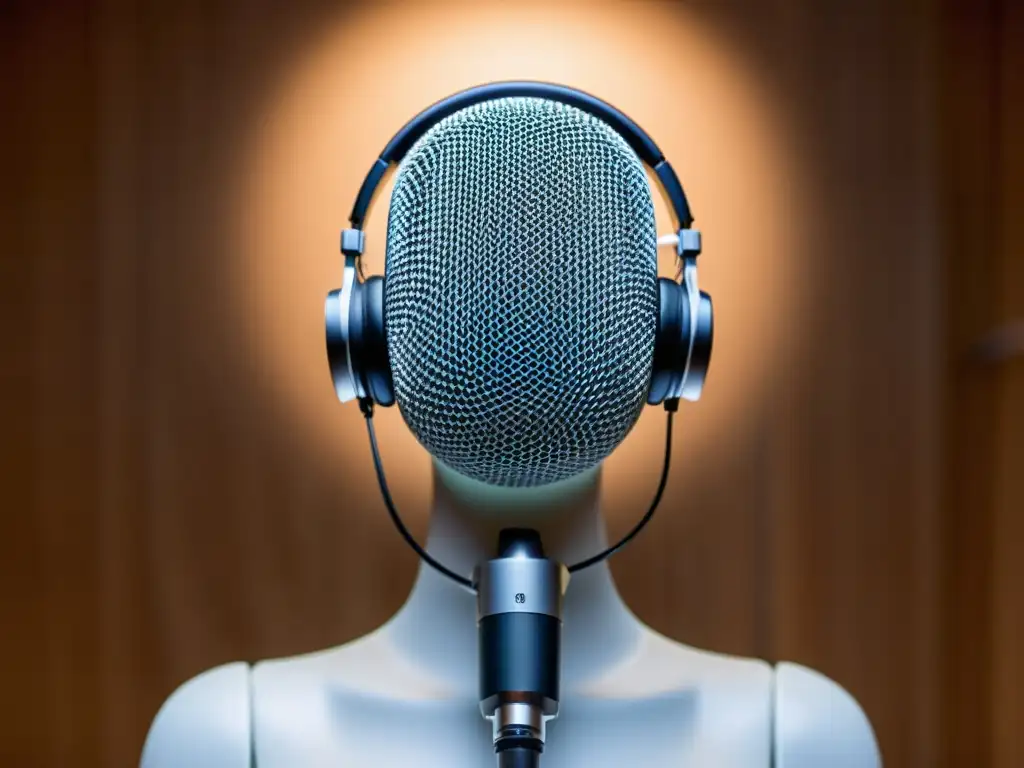 Binaural microphones capturing sound in lifelike detail on mannequin head, resaltando beneficios de los micrófonos binaurales