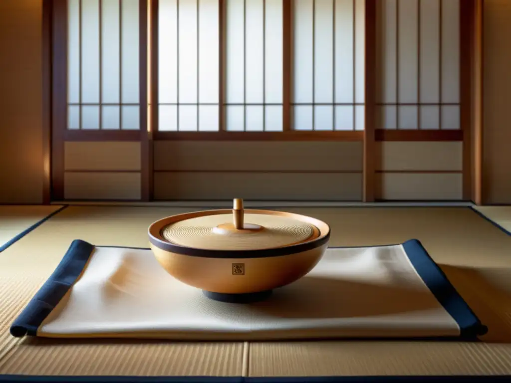 El biwa japonés descansa sobre seda en una habitación tradicional japonesa, resaltando la historia y relevancia cultural del instrumento