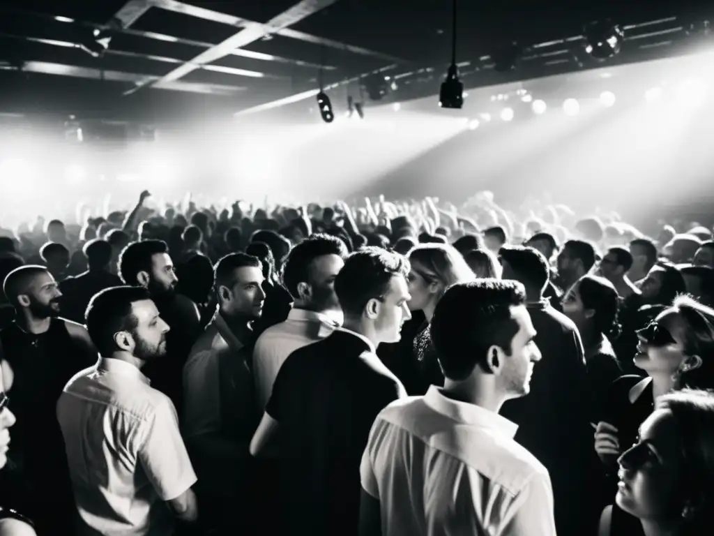 Una fotografía en blanco y negro de una abarrotada pista de baile en un club de techno, capturando la intensa energía y emoción del momento