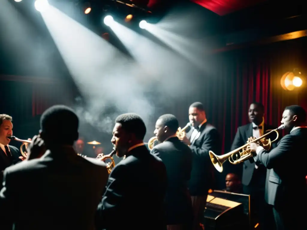 Una fotografía en blanco y negro de una apasionada actuación de jazz en un club tenue y ahumado