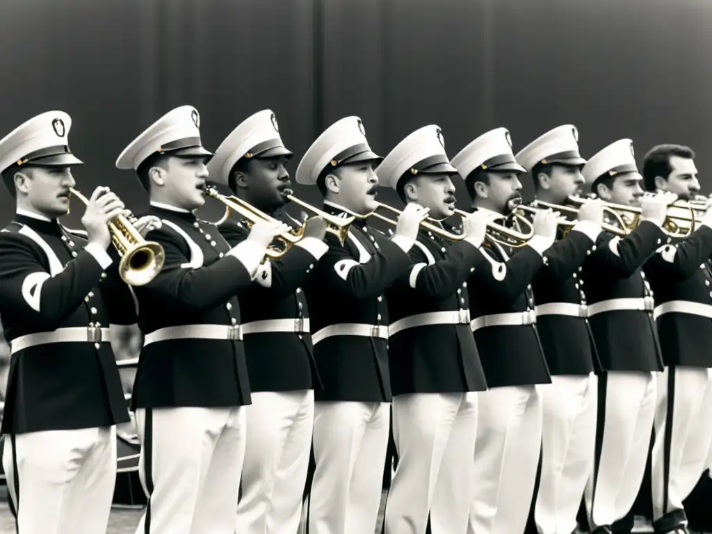 Una fotografía en blanco y negro de una banda militar tocando helicones con intensidad y precisión, mostrando la historia y construcción del helicón