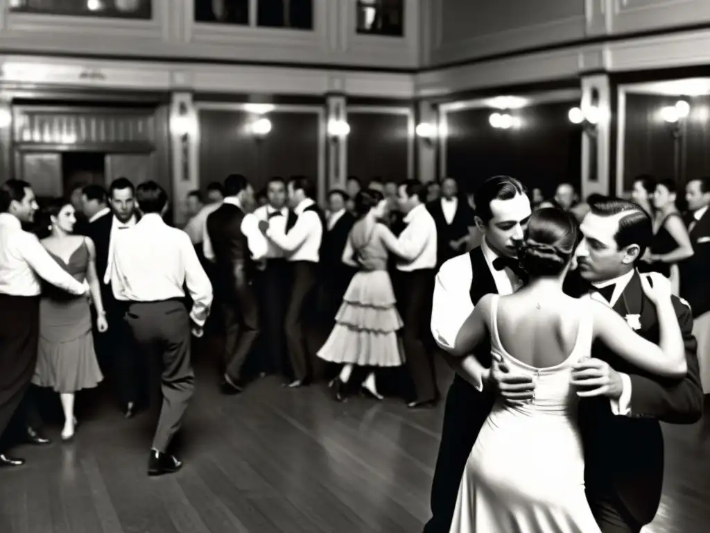 Una fotografía en blanco y negro de un bullicioso salón de baile en Buenos Aires durante principios de 1900