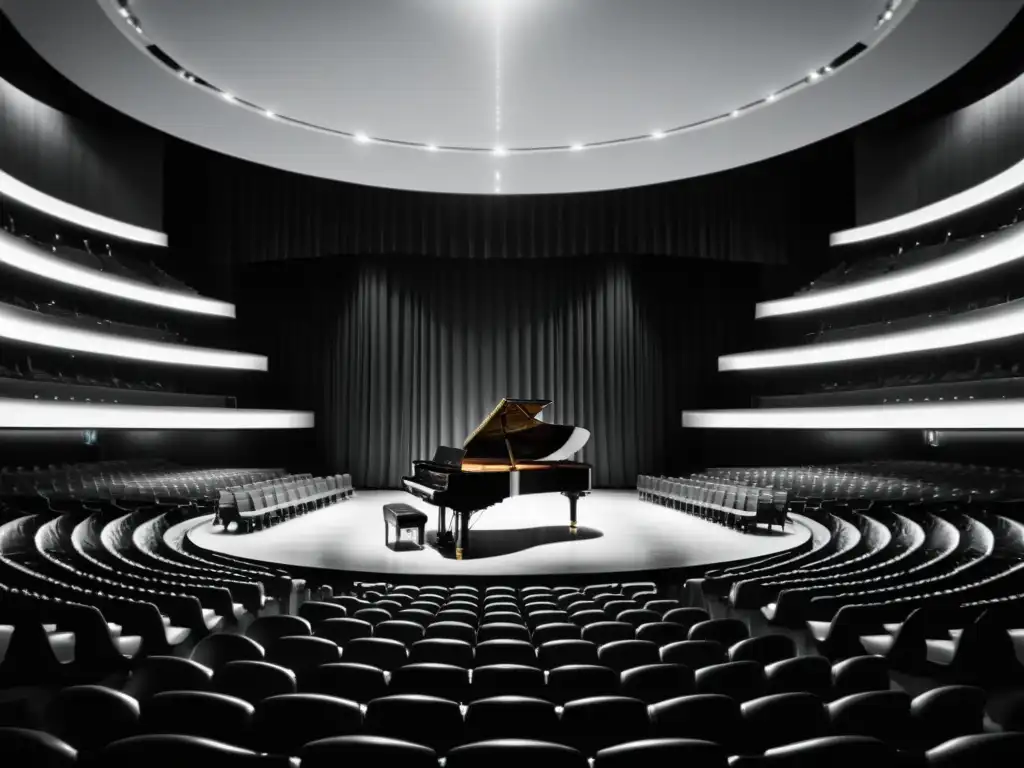 Una fotografía en blanco y negro de un majestuoso auditorio lleno de elegantes filas de asientos vacíos, con un solitario piano de cola en el centro del escenario iluminado suavemente, evocando la anticipación de las Olimpiadas de la Música Clásica