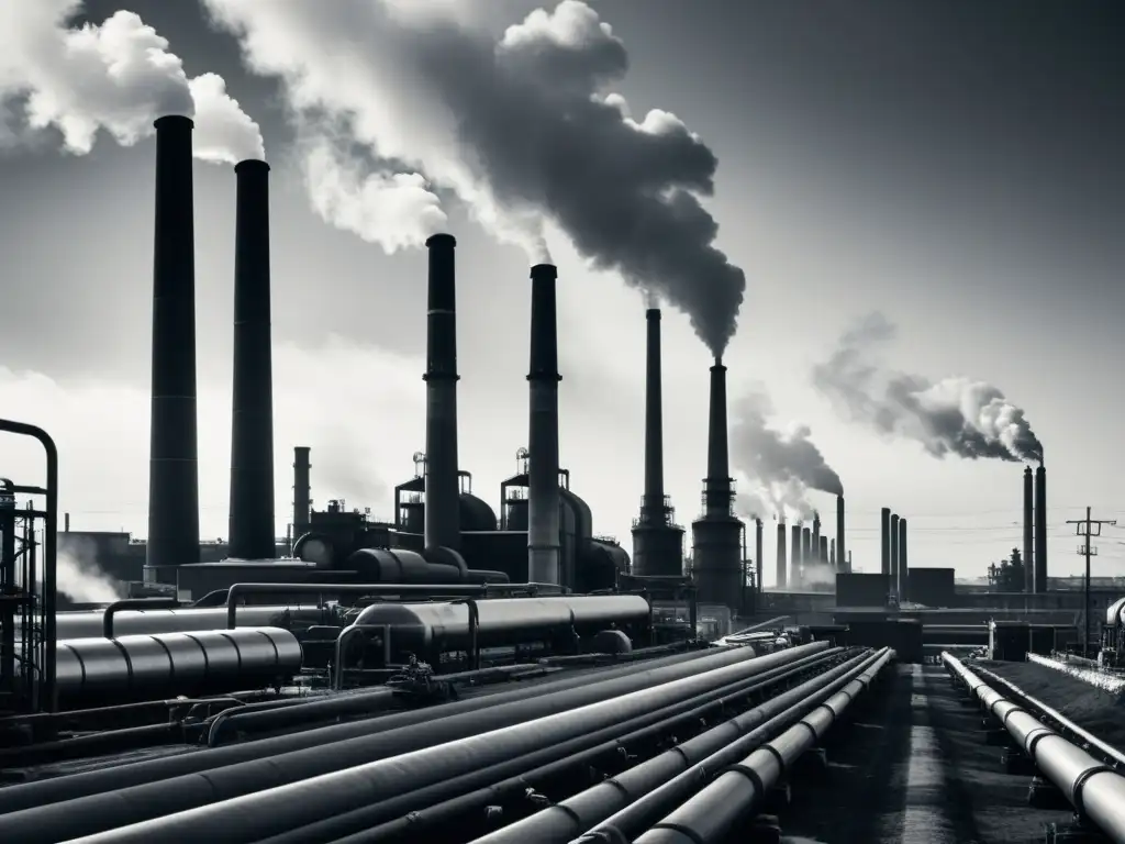 Una fotografía en blanco y negro de un paisaje industrial imponente, con altas chimeneas, tuberías y maquinaria