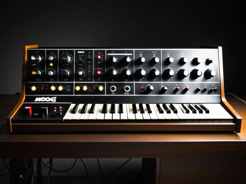 Una fotografía en blanco y negro de un sintetizador Moog en un estudio tenue, evocando la importancia de los sintetizadores en la música del siglo XX