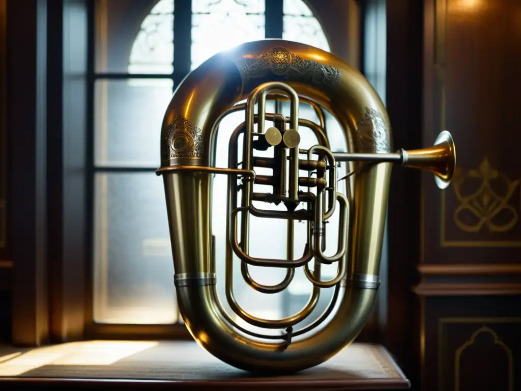 Una fotografía en blanco y negro de una tuba vintage de principios de 1900, iluminada por luz natural en una habitación tenue