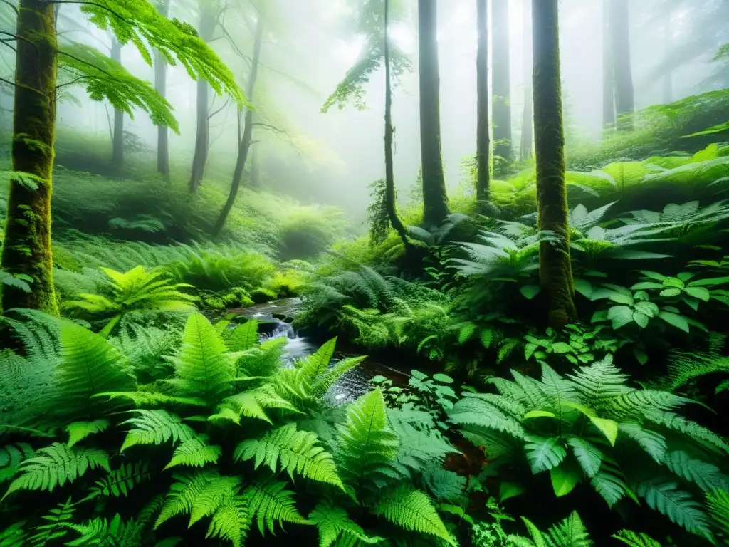 Un bosque exuberante envuelto en neblina, con árboles imponentes y una suave luz filtrada