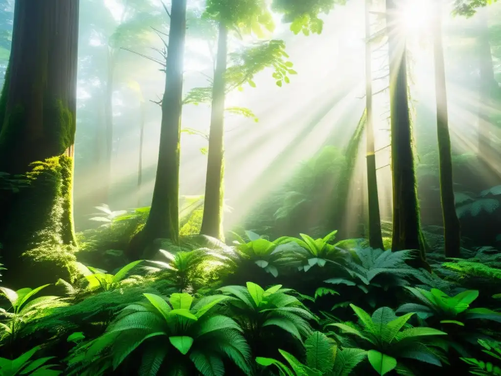 Un bosque exuberante y vibrante con la luz del sol filtrándose entre el dosel, destacando la diversa vida vegetal y animal