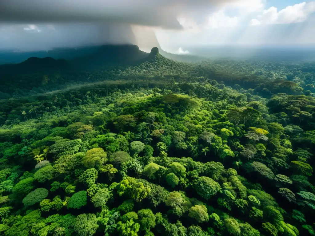 Un bosque tropical exuberante con luz solar filtrándose a través del dosel, destacando la biodiversidad y la exuberante vegetación