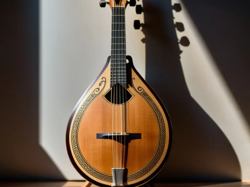 Bouzouki griego antiguo con intrincados grabados, madera envejecida y cuerdas, iluminado por suave luz natural que evoca historia y artesanía