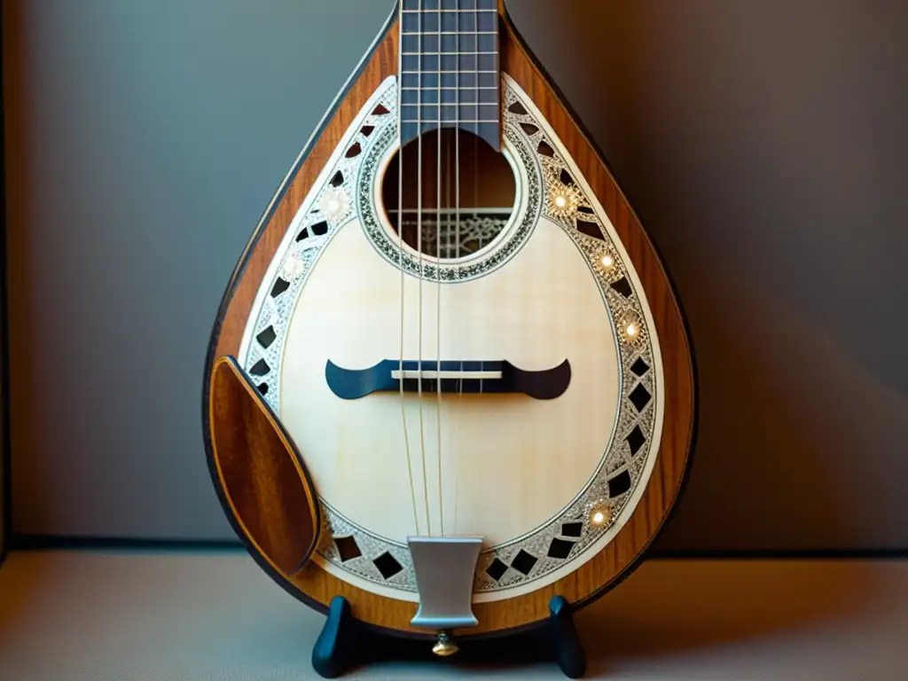 Un bouzouki griego desgastado muestra su historia a través de sus detalles artesanales y su cálida pátina, encarnando géneros musicales tradicionales