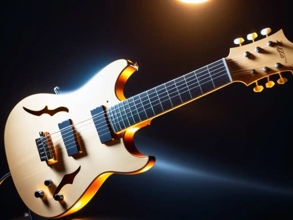 Un brazo robótico toca con delicadeza las cuerdas de una guitarra futurista, iluminado por un foco, mostrando su intricado mecanismo