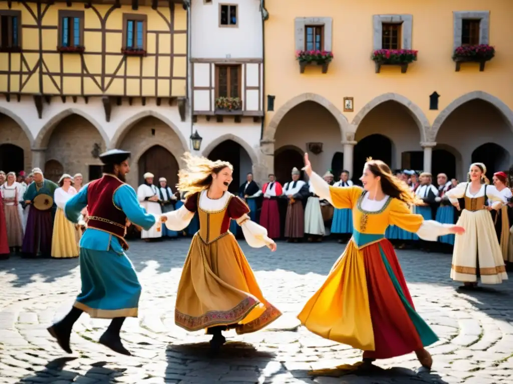 Brillante festival medieval de música y danza en Hita, con coloridos artistas bailando y músicos tocando en la plaza del pueblo al atardecer