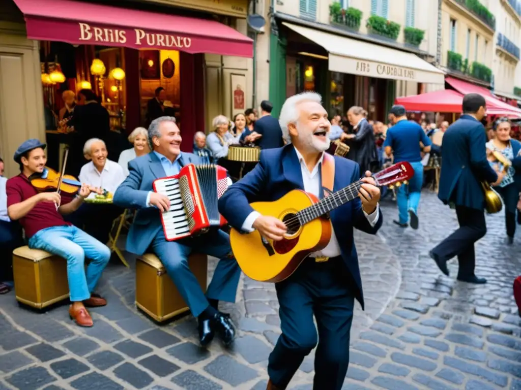 Una bulliciosa calle en París llena de música y vida durante la Fête de la Musique en Francia