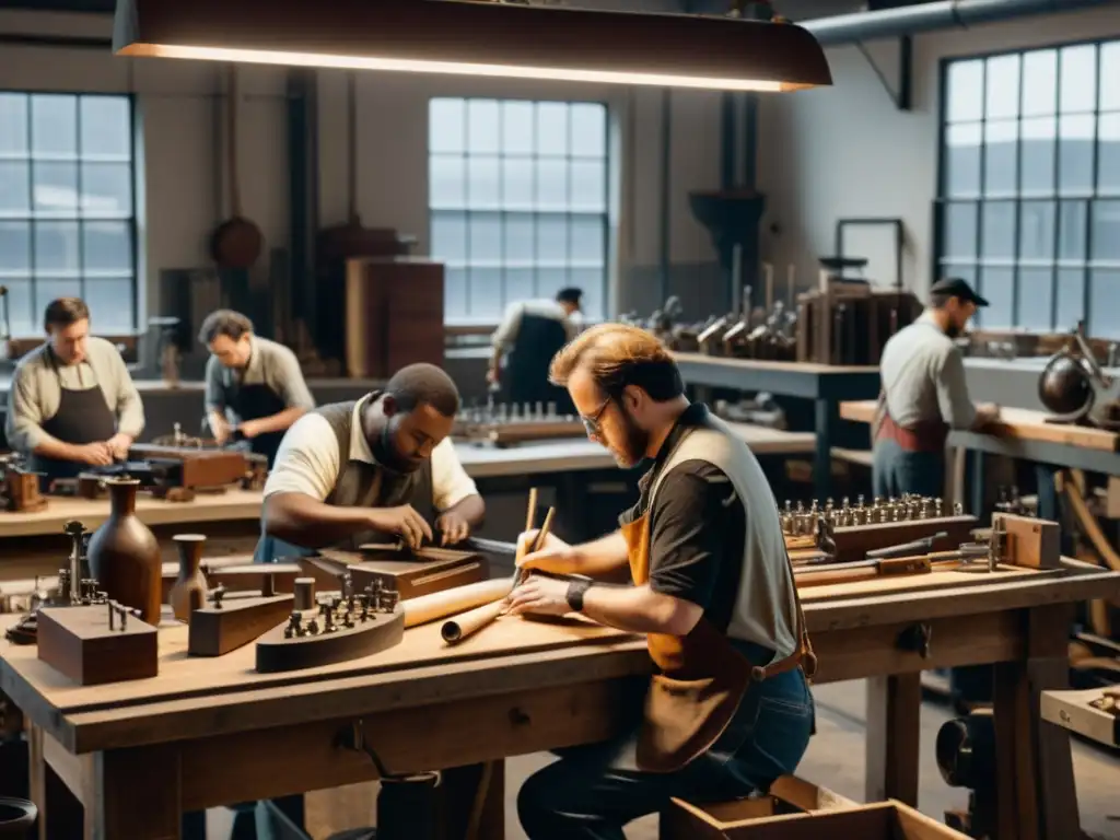 En una bulliciosa fábrica del siglo XIX, artesanos crean instrumentos musicales, mostrando el impacto de la revolución industrial en su producción