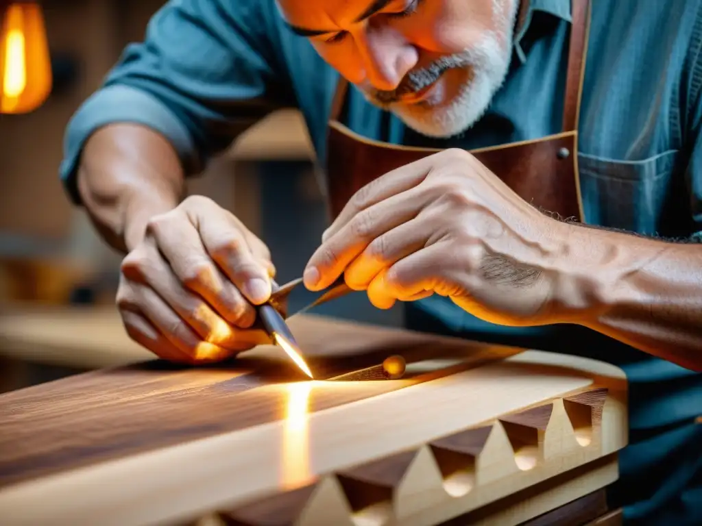 Búsqueda del tono perfecto en luthería: un luthier experto talla con precisión la fina madera, iluminada por el cálido resplandor del taller