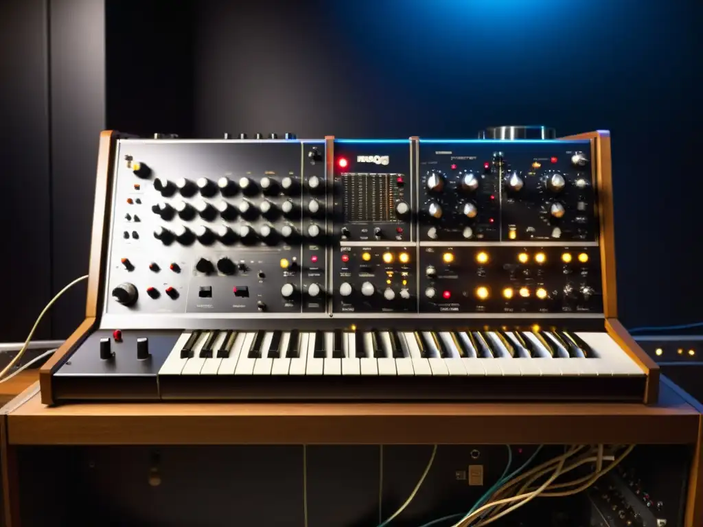 Un Moog vintage con cables enredados, en un estudio oscuro