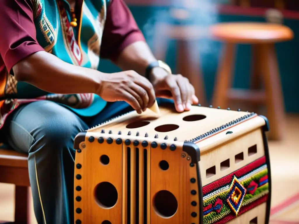 Un cajón peruano tradicional se toca durante una actuación de música afroperuana, destacando la artesanía y las manos del músico en movimiento