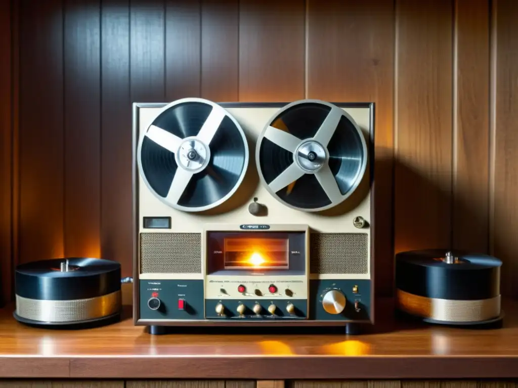 Una cálida y nostálgica imagen documental de un antiguo grabador de cinta en una habitación tenue rodeado de vinilos polvorientos, evocando la preservación de grabaciones musicales históricas