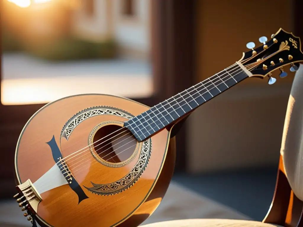 El cálido sol realza la belleza del bouzouki griego, mostrando sus detalles tallados