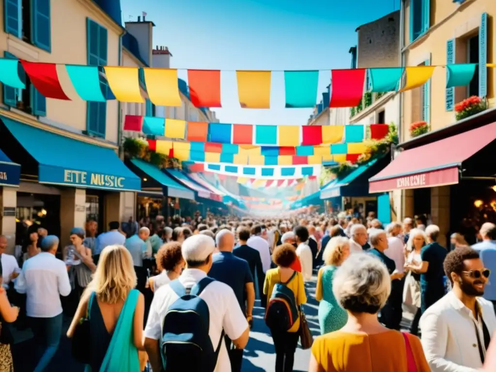 Una calle bulliciosa en la Fête de la Musique en Francia, con músicos de diversos géneros y personas disfrutando de la vibrante atmósfera festiva