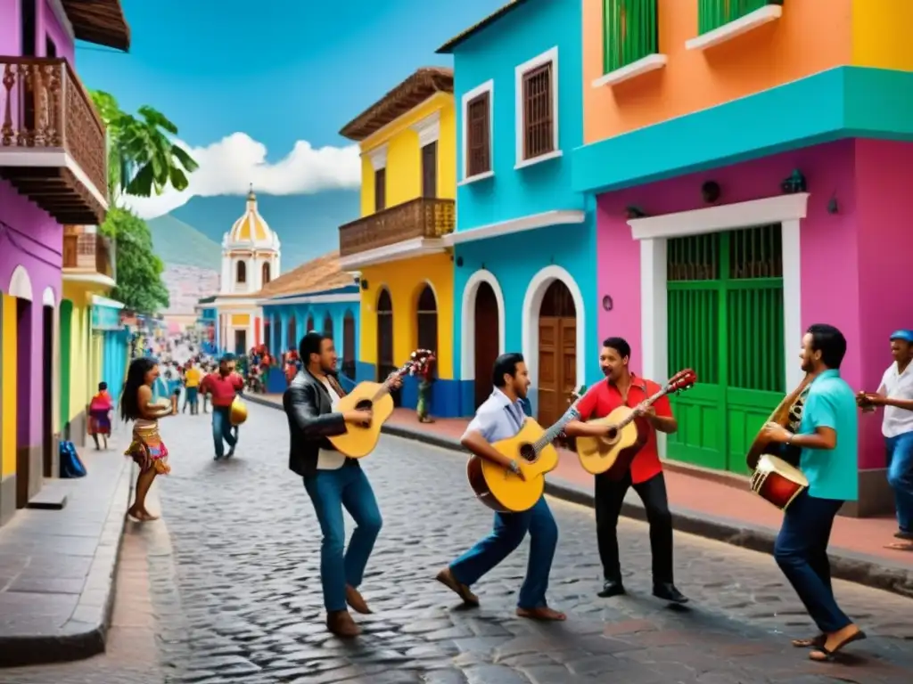 Una calle vibrante y bulliciosa en una ciudad latinoamericana, con músicos tocando instrumentos tradicionales como maracas, guitarras y tambores, mientras lugareños y turistas se reúnen para escuchar y bailar