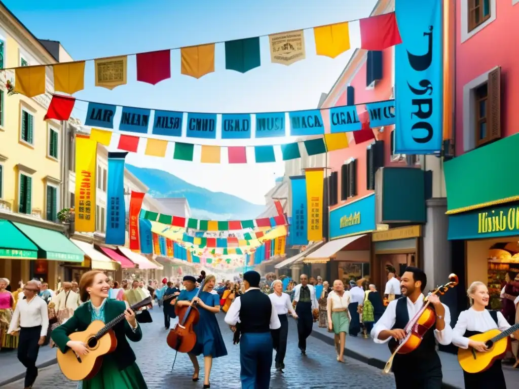 Una calle vibrante y bulliciosa llena de gente de diversas culturas, cada uno con instrumentos musicales o partituras