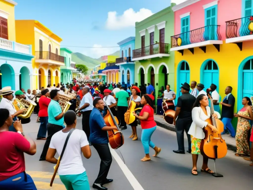 Una calle vibrante y colorida en una ciudad caribeña, llena de música, baile y diversidad cultural